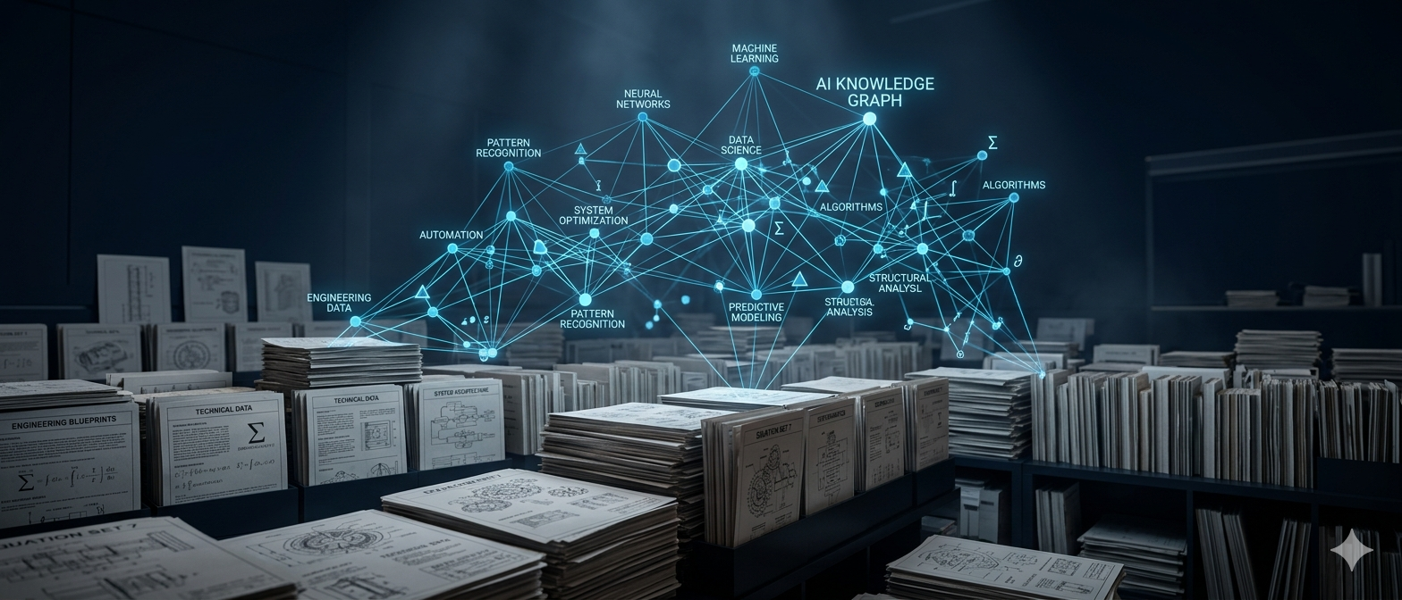 AI knowledge graph rising from engineering document archives